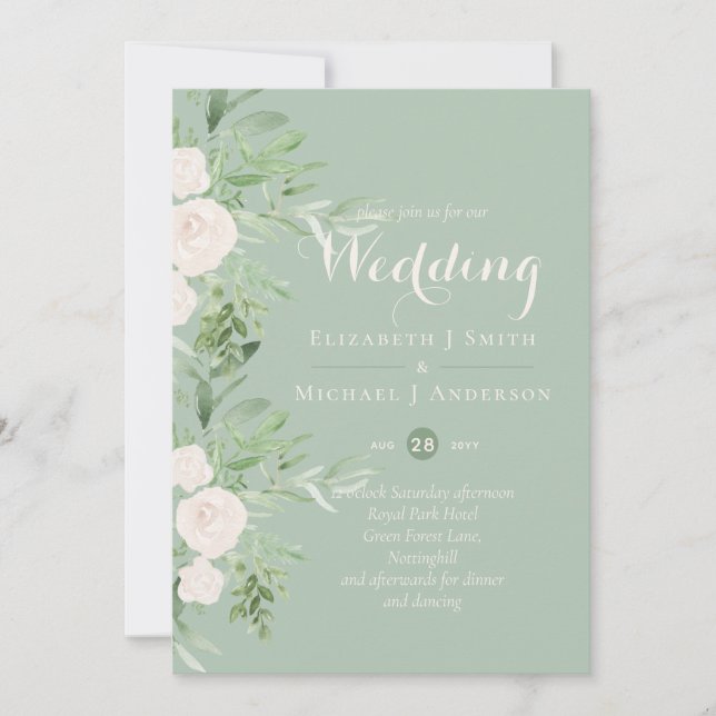 Magnolia Sage Green Floral Wedites Einladung (Vorderseite)