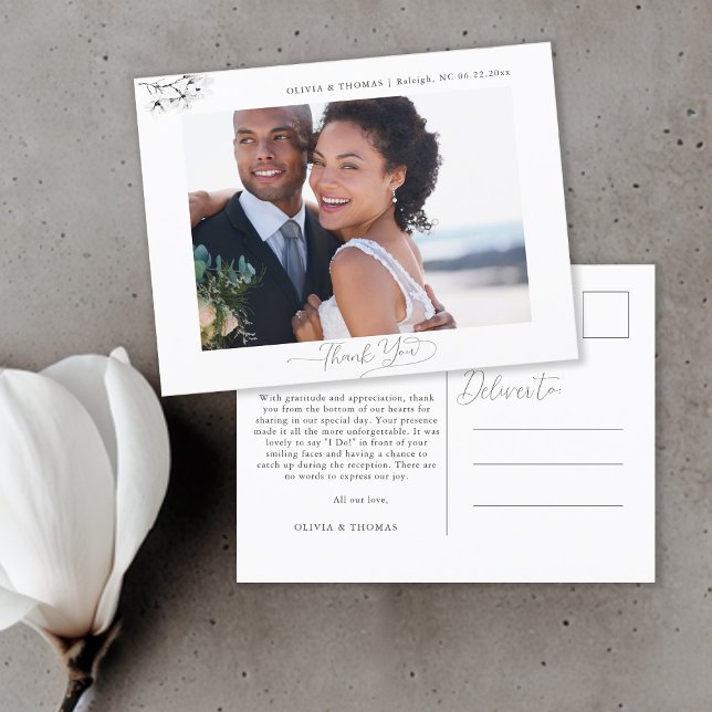 Magnolia Schwarz-weiß Wedding Foto Vielen Dank Postkarte (Magnolia Wedding Photo Thank You Postcard Black and White Modern Classic Elegant Chic)