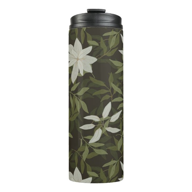 Magnolia und grüne Blätter auf schwarz Thermosbecher (Vorderseite)