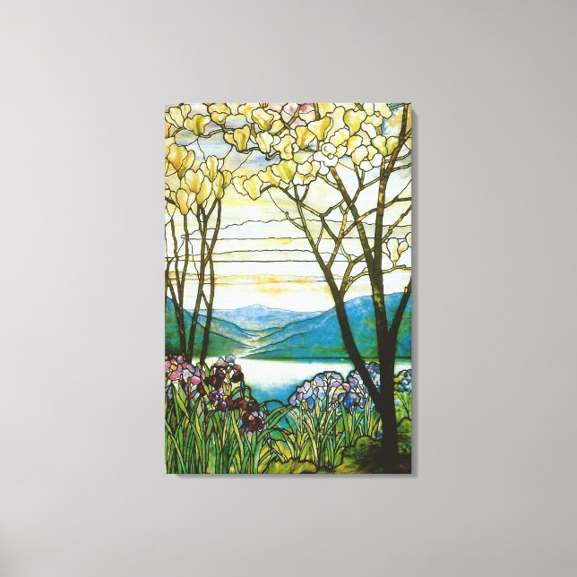 Magnolia und Iris-Fenster aus festem Glas Leinwanddruck (Vorderseite)