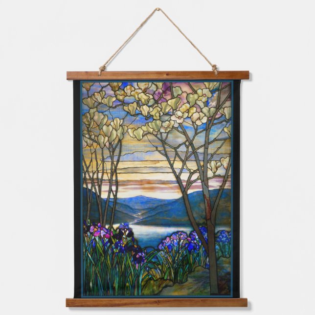 Magnolia und Iris Tiffany verklebtes Glasband Wandteppich Mit Holzrahmen (Vorderseite)