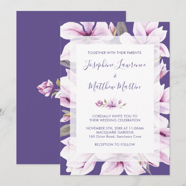 Magnolia Violet Floral Mariage Invitations (Devant / Derrière)