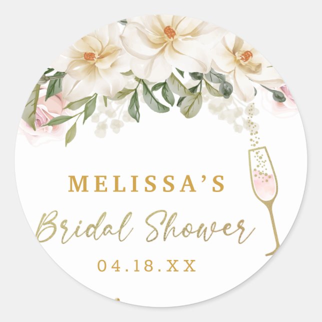 Magnolia Watercolor Champagne Glass Brautparty Runder Aufkleber (Vorderseite)