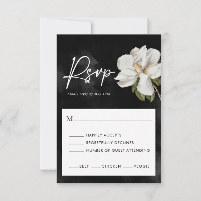 Magnolia Wedding Black and White RSVP Card Karte (Vorderseite)