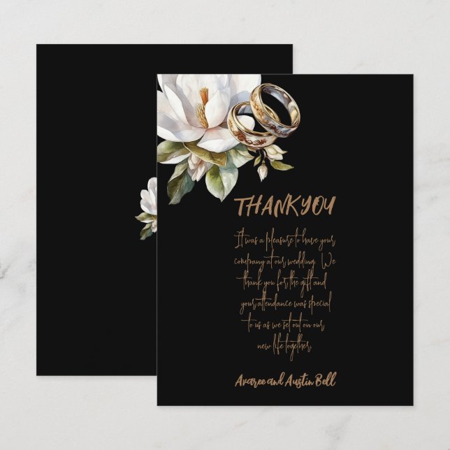 Magnolia Wedding Rings Gold und Black Wedding Dankeskarte (Vorne/Hinten)