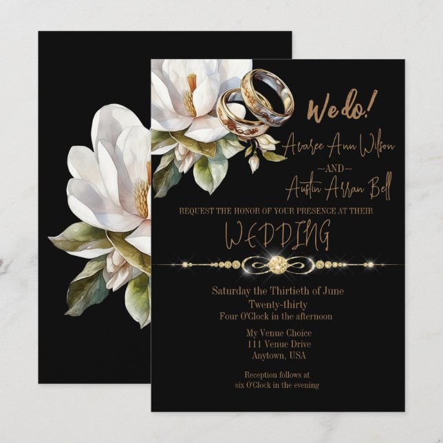 Magnolia Wedding Rings Gold und Black Wedding Einladung (Vorne/Hinten)