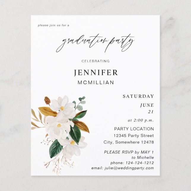 Magnolia White Floral Graduation Party Flyer (Vorne)