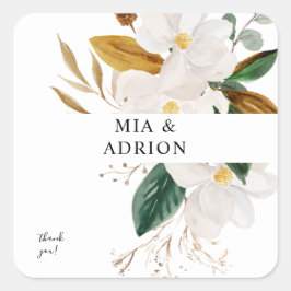 Magnolia White Floral Vielen Dank Quadratischer Aufkleber