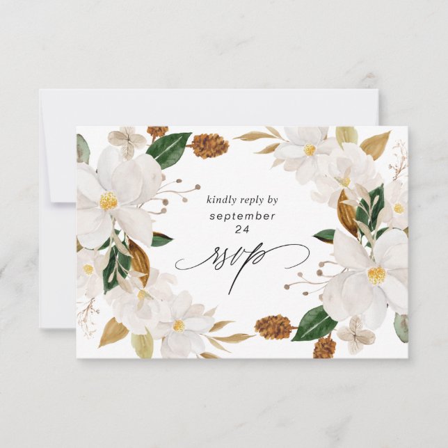 Magnolia White Floral w Meal RSVP Karte (Vorderseite)