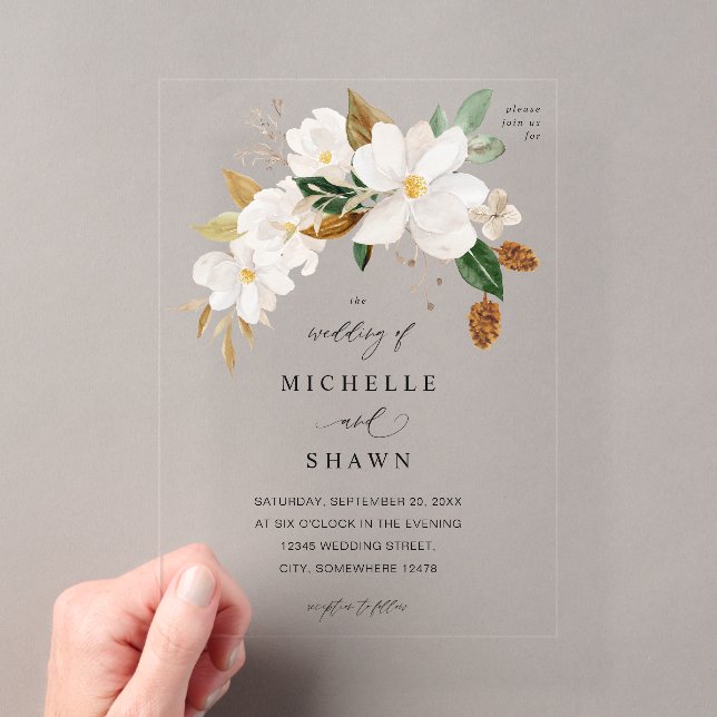Magnolia White Floral Wedding Acryleinladungen (Insitu (Handheld))