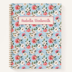 Magnolias et Œillets sur Cahier Personnalisé Bleu