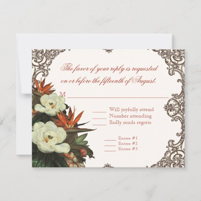 Magnolias n Bird of Paradise - Gewohnte Hochzeit RSVP Karte (Vorderseite)