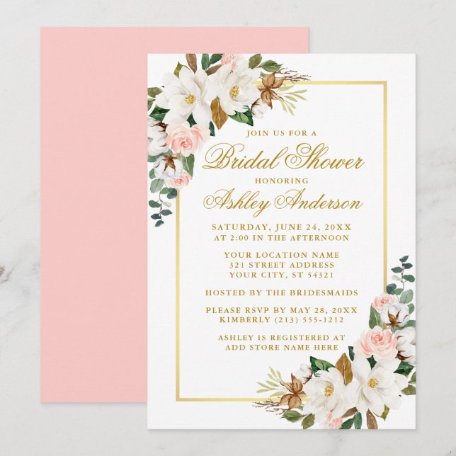 Magnolias Rose Gold Rosa Brautparty Einladung (Vorne/Hinten)