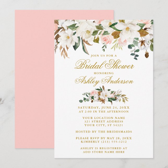 Magnolias Rose Gold Rosa Brautparty Einladung (Vorne/Hinten)