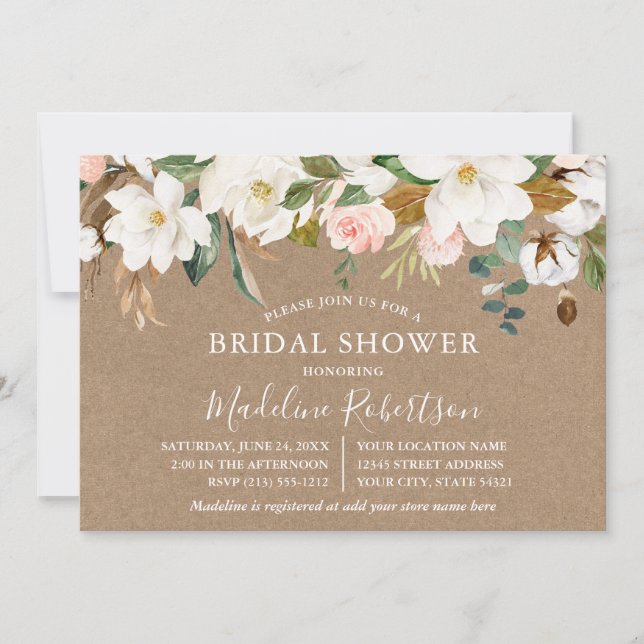 Magnolias Rose Kraft Brautparty Einladung (Vorderseite)