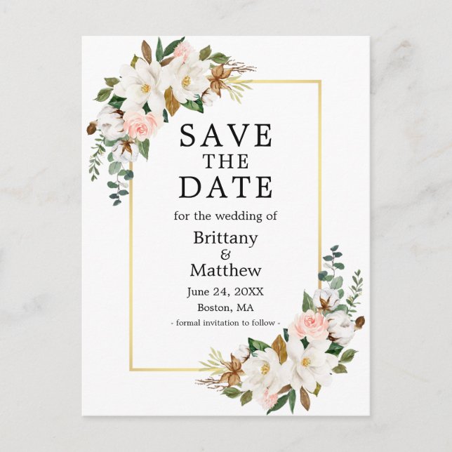 Magnolias Roses Gold Rahmen Save the Date Postkarte (Vorderseite)