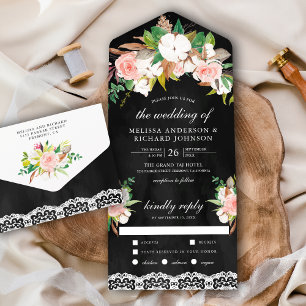 Magnolie Baumwoll-Rosa Blumen Hochzeit in Schwarz All In One Einladung