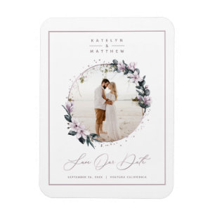 Magnolie Blumen & Mauve Kreis Foto Save The Date Magnet