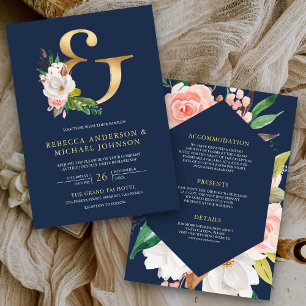 Magnolie Floral Gold Et-Zeichen Navy Blau Hochzeit Einladung