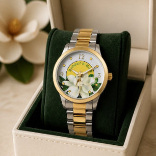 Magnolie in Blüte Elegante zweifarbige Damen- Armbanduhr