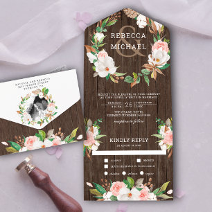 Magnolie Rosafarben Floraler Kranz Holz Hochzeit All In One Einladung