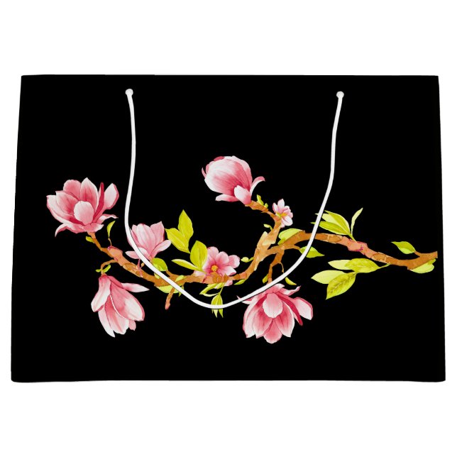 Magnolie Schwarz Große Geschenktüte (Vorderseite)