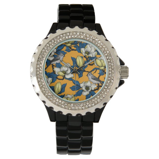 Magnolie und Titmausvogel blühen 3 Armbanduhr (Vorderseite)