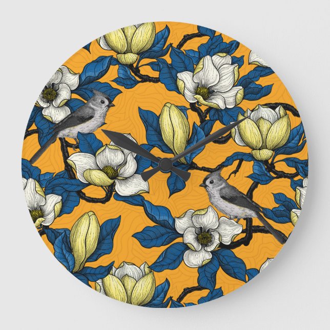 Magnolie und Titmausvogel blühen 3 Große Wanduhr (Vorderseite)