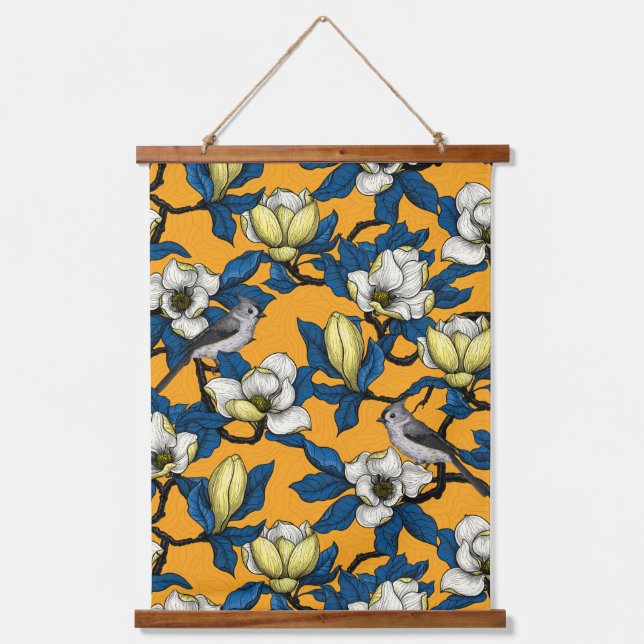 Magnolie und Titmausvogel blühen 3 Wandteppich Mit Holzrahmen (Vorderseite)