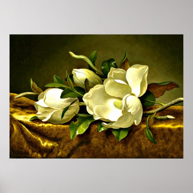 Magnolien auf Gold Samtstoff, Kunstmalerei Poster (Vorne)