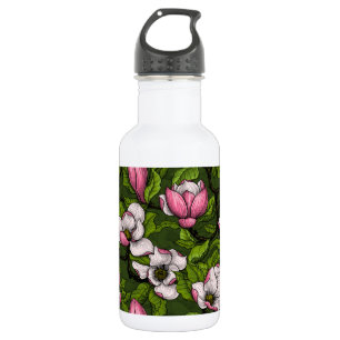 Magnolien blühen auf dunkelgrün edelstahlflasche