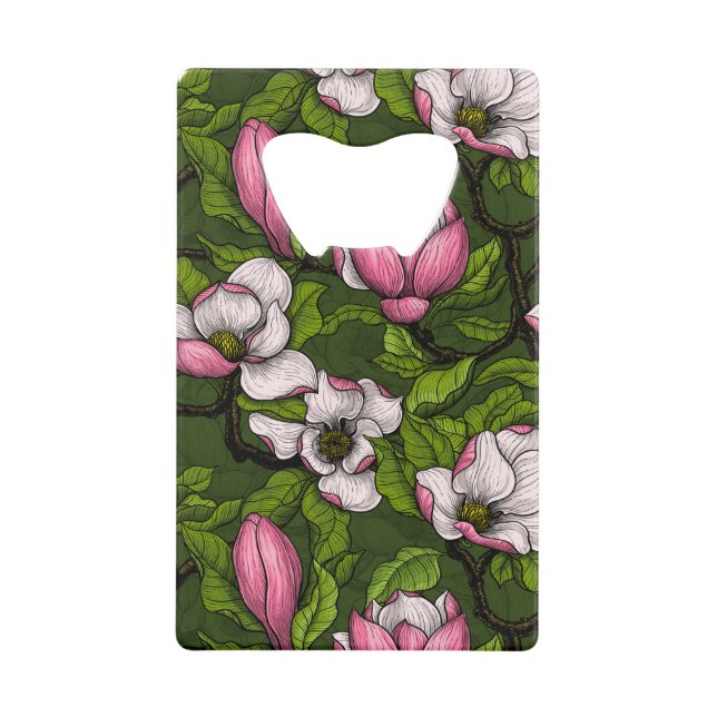 Magnolien blühen auf dunkelgrün geldbeutel flaschenöffner (Vorderseite)