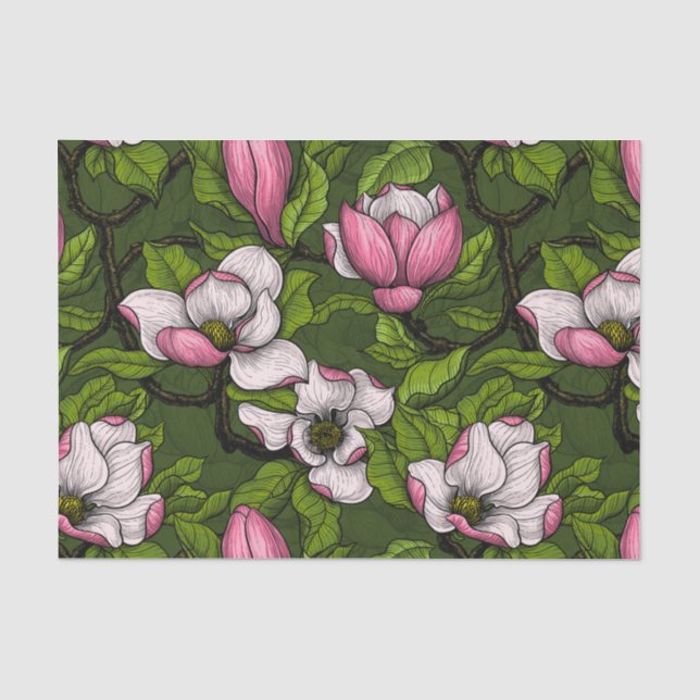 Magnolien blühen auf dunkelgrün seidenpapier (Vorderseite)