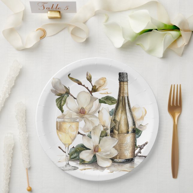 Magnolien und Champagner-Gläser Hochzeit Pappteller (Hochzeit)