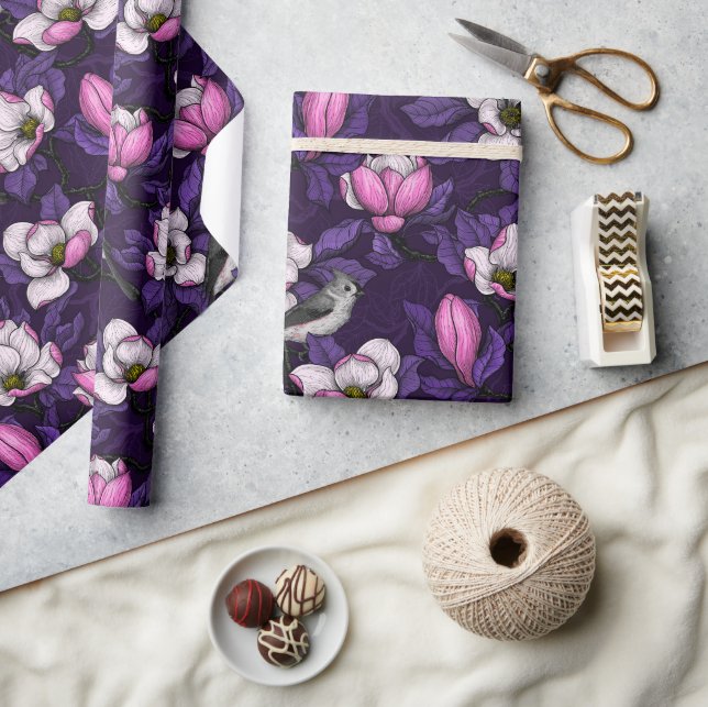 Magnolien und Titmausvogel blühen 4 Geschenkpapier (Basteln)