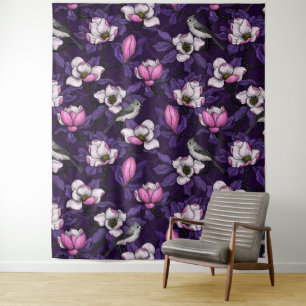 Magnolien und Titmausvogel blühen 4 Wandteppich