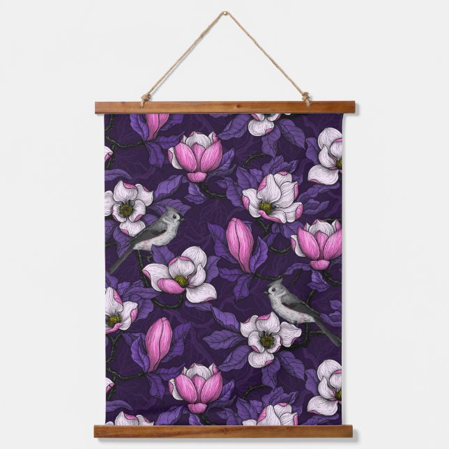 Magnolien und Titmausvogel blühen 4 Wandteppich Mit Holzrahmen (Vorderseite)