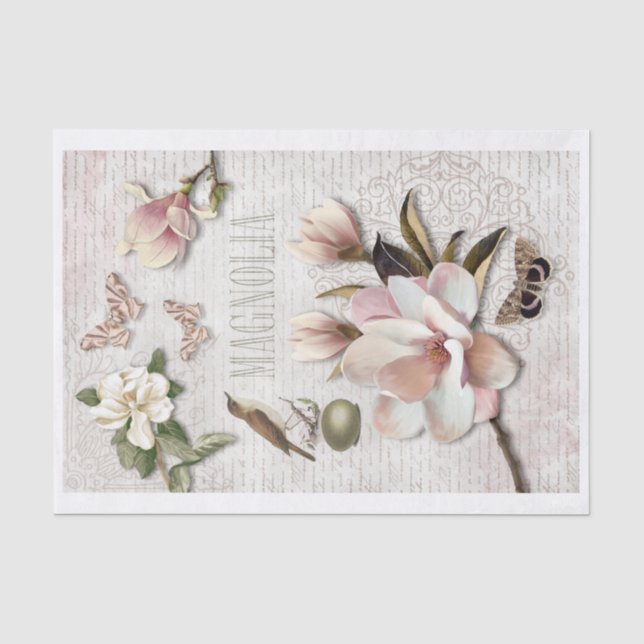 Magnolien, Vogel und Schmetterlinge Collage Seidenpapier (Vorderseite)