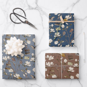 Magnolienhain mit Eulen in Blau Braun Geschenkpapier Set