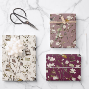 Magnolienhain mit Eulen in Creme-Rosa-Burgunderrot Geschenkpapier Set