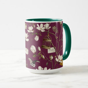 Magnolienhain mit Eulen in Maulbeerrot Tasse