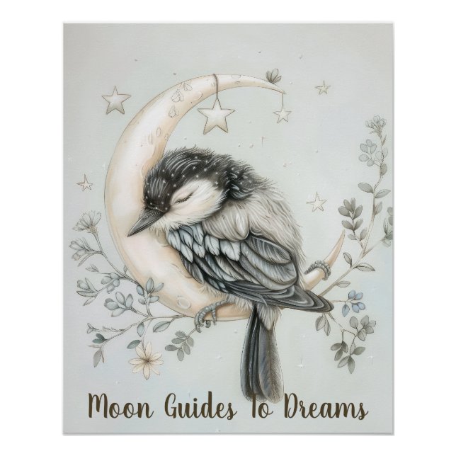 Magpie-Vogel-Baby schläft auf dem Mond Poster (Vorderseite)