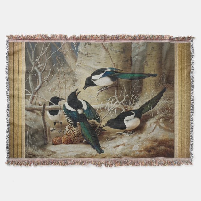Magpies Rund um eine tote Capercaillie Decke (Vorderseite)