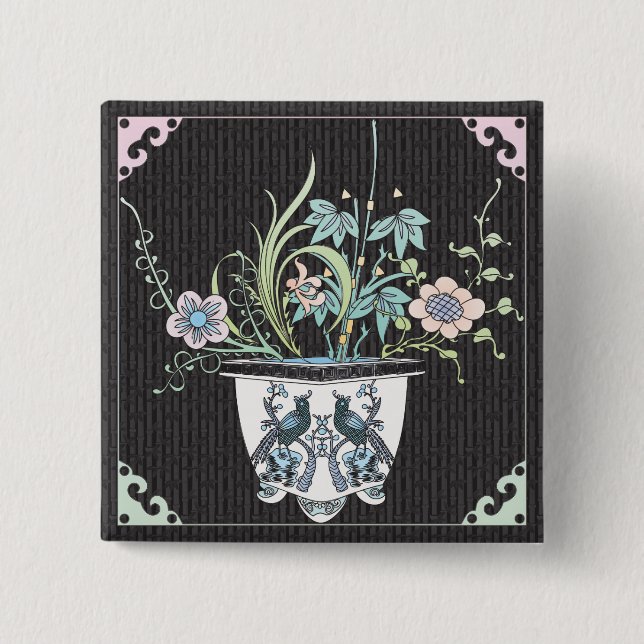 Mah Jongg-Blume/Vögel-Schaltfläche Button (Vorderseite)
