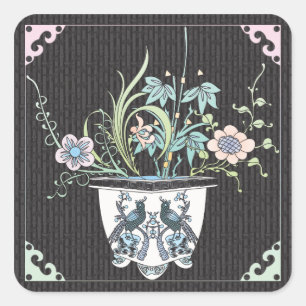 Mah Jongg Blume/Vogelkleber Quadratischer Aufkleber