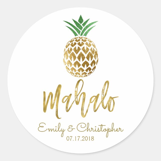Mahalo Tropical Hawaiian Ananas Wedding White Runder Aufkleber (Vorderseite)