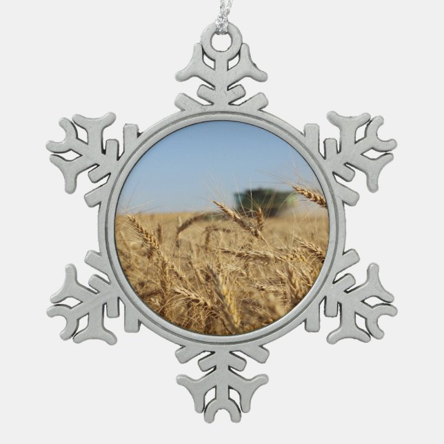 Mähdrescher auf dem Weizen-Gebiet Schneeflocken Zinn-Ornament (Vorderseite)