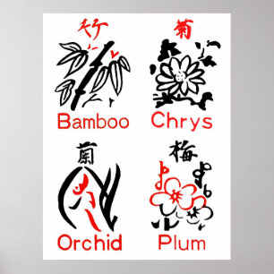 Mahjong Blumen-Anzüge, rot u. schwarz auf Weiß Poster