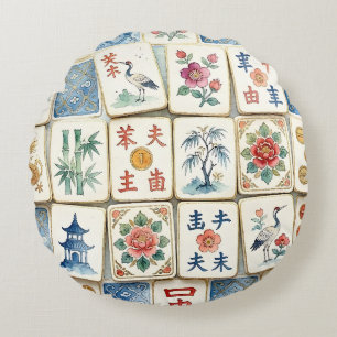 Mahjong-Chinoiserie-Kacheln Wasserfarbe Blumen Vög Rundes Kissen