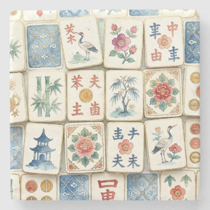 Mahjong-Chinoiserie-Kacheln Wasserfarbe Blumen Vög Steinuntersetzer